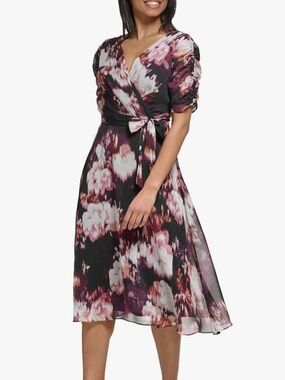 DKNY Plum & Black Floral Faux Wrap chiffon Midi Dress MWT